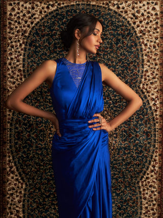 Blue gown draped sari gown