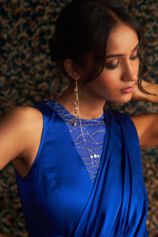 Blue gown draped sari gown