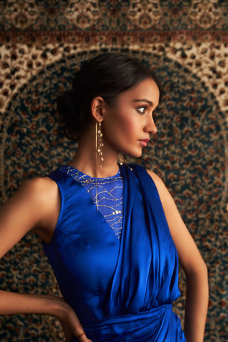 Blue gown draped sari gown