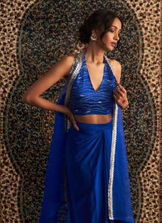 Blue Embroidered Jacket With Draped Skirt Set by Charkhee available on Indiaspopup.com