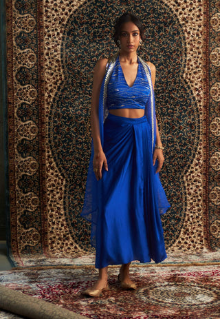 Blue Embroidered Jacket With Draped Skirt Set by Charkhee available on Indiaspopup.com