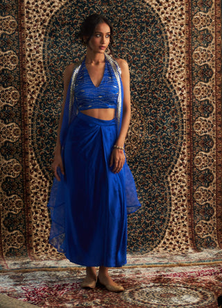 Blue Embroidered Jacket With Draped Skirt Set by Charkhee available on Indiaspopup.com