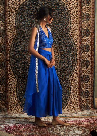 Blue Embroidered Jacket With Draped Skirt Set by Charkhee available on Indiaspopup.com