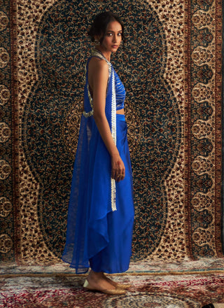 Blue Embroidered Jacket With Draped Skirt Set by Charkhee available on Indiaspopup.com