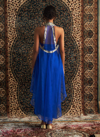 Blue Embroidered Jacket With Draped Skirt Set by Charkhee available on Indiaspopup.com