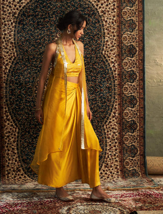 Marigold Embroidered Jacket With Draped Skirt Set by Charkhee available on Indiaspopup.com