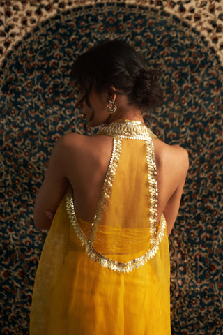 Marigold Embroidered Jacket With Draped Skirt Set by Charkhee available on Indiaspopup.com