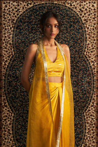 Marigold Embroidered Jacket With Draped Skirt Set by Charkhee available on Indiaspopup.com