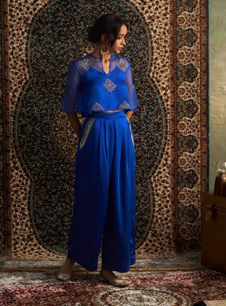 Blue Embroidered Sheer Top And Palazzo Set by Charkhee available on Indiaspopup.com