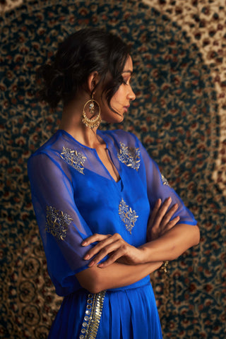 Blue Embroidered Sheer Top And Palazzo Set by Charkhee available on Indiaspopup.com