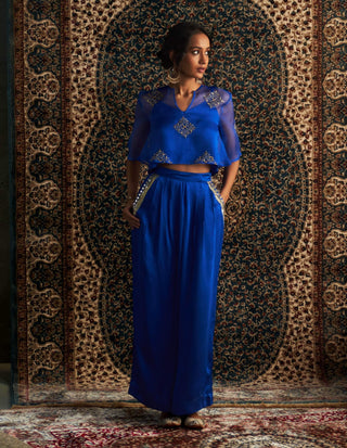 Blue Embroidered Sheer Top And Palazzo Set by Charkhee available on Indiaspopup.com