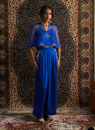 Blue embroidered sheer top and palazzo set