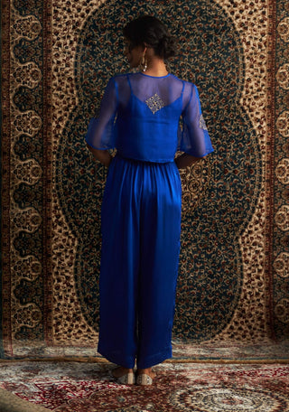 Blue Embroidered Sheer Top And Palazzo Set by Charkhee available on Indiaspopup.com