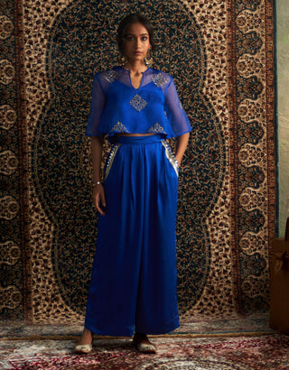 Blue Embroidered Sheer Top And Palazzo Set by Charkhee available on Indiaspopup.com