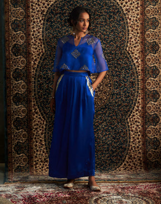 Blue Embroidered Sheer Top And Palazzo Set by Charkhee available on Indiaspopup.com