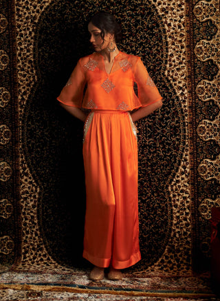 Saffron Embroidered Sheer Top And Palazzo Set by Charkhee available on Indiaspopup.com