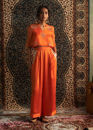 Saffron embroidered sheer top and palazzo set