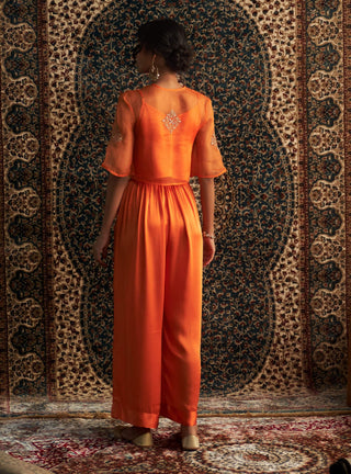 Saffron Embroidered Sheer Top And Palazzo Set by Charkhee available on Indiaspopup.com