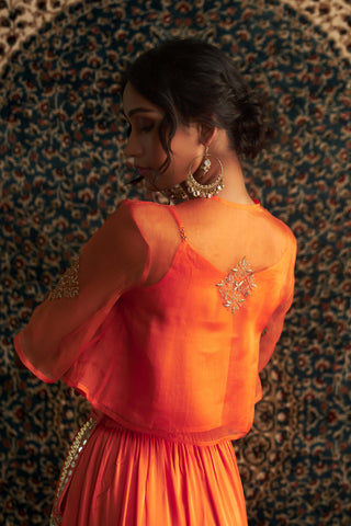 Saffron Embroidered Sheer Top And Palazzo Set by Charkhee available on Indiaspopup.com