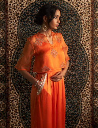 Saffron Embroidered Sheer Top And Palazzo Set by Charkhee available on Indiaspopup.com