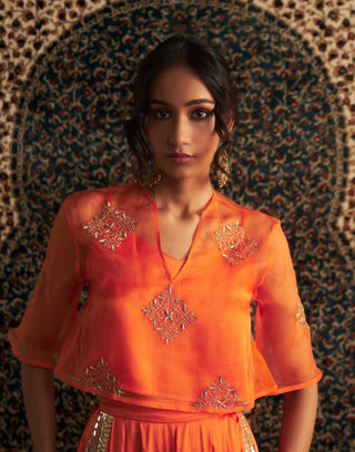 Saffron Embroidered Sheer Top And Palazzo Set by Charkhee available on Indiaspopup.com