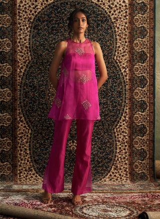 Rani Pink Short Tunic And Flared Pant Set by Charkhee available on Indiaspopup.com