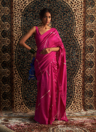 Rani pink embroidered chanderi sari and blouse