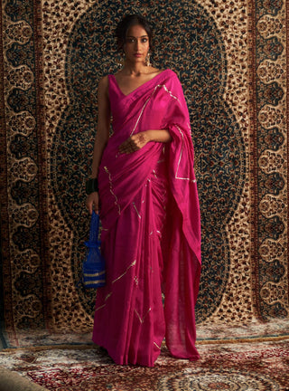 Rani pink embroidered chanderi sari and blouse