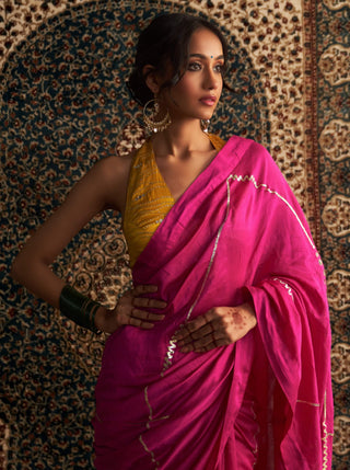 Rani pink embroidered chanderi sari and marigold blouse