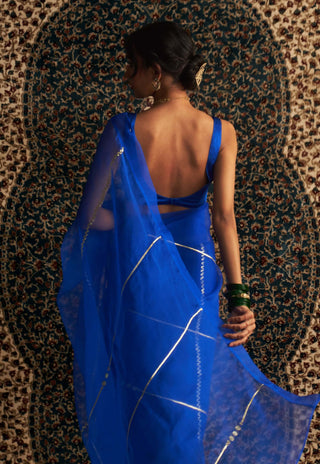 Blue embroidered organza sari and sleeveless blouse