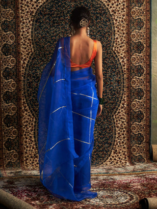 Blue embroidered organza sari and saffron blouse