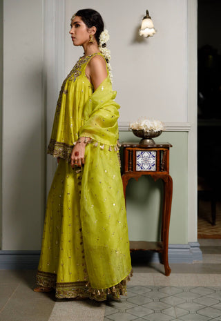 Jahanana Mehendi Green Short Anarkali And Sharara Set by Payal Singhal available on Indiaspopup