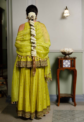 Jahanana Mehendi Green Short Anarkali And Sharara Set by Payal Singhal available on Indiaspopup