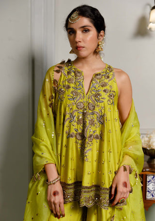 Jahanana Mehendi Green Short Anarkali And Sharara Set by Payal Singhal available on Indiaspopup