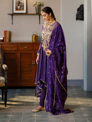 Zinat purple embroidered high low anarkali set