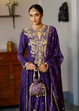 Zinat purple embroidered high low anarkali set