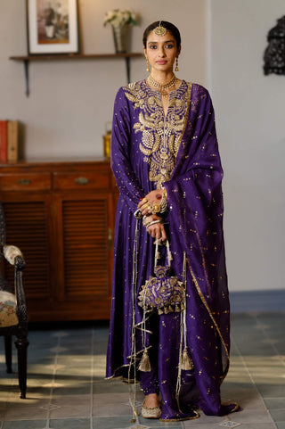 Zinat purple embroidered high low anarkali set