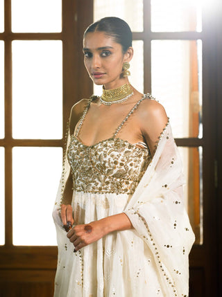 Ivory Fiza Strapless Anarkali And Sharara Set by Payal Singhal available on Indiaspopup