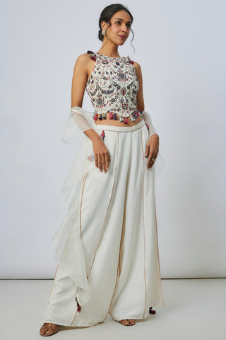 Offwhite embroidered choli with pant and ruffle dupatta