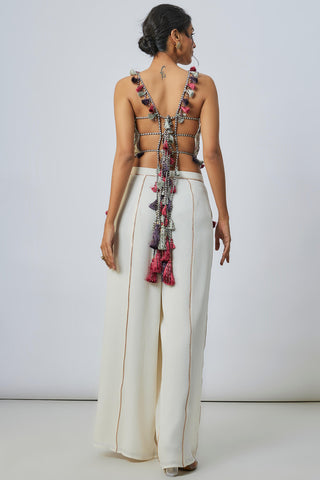 Offwhite embroidered choli with pant and ruffle dupatta