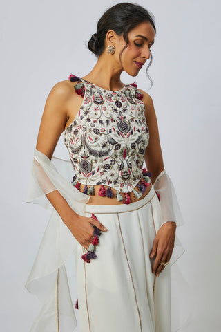 Offwhite embroidered choli with pant and ruffle dupatta