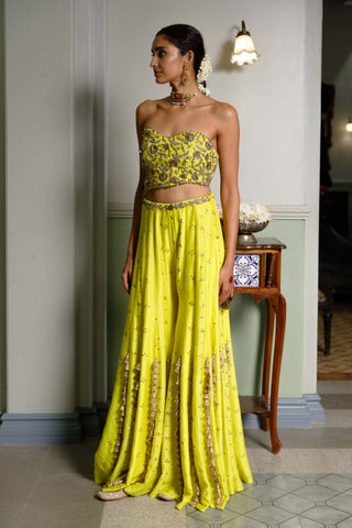 Nissa Lime Yellow Embroidered Choli With Sharara by Payal Singhal available on Indiaspopup