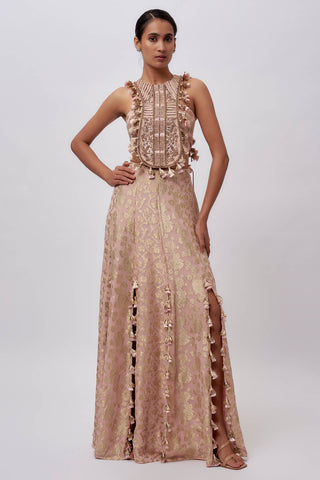 Blush pink velvet embroidered bustier and skirt