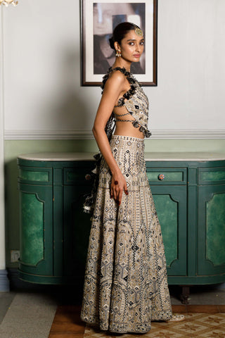 Off-white embroidered back tie-up choli and sharara