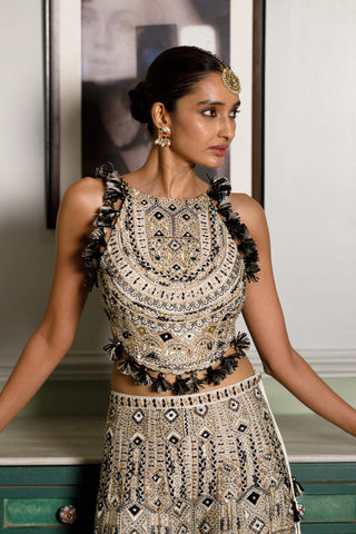 Off-White Embroidered Back Tie-Up Choli And Sharara by Payal Singhal available on Indiaspopup