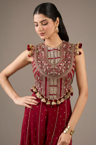 Maroon embroidered choli and sharara