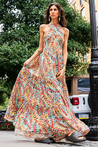 Ella red poison ivy print maxi dress