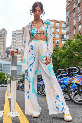 Willow offwhite ikat print shirt jacket, bustier and palazzo