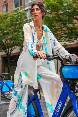 Willow offwhite ikat print shirt jacket, bustier and palazzo