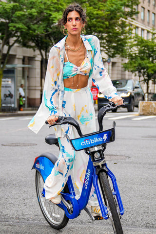 Willow offwhite ikat print shirt jacket, bustier and palazzo